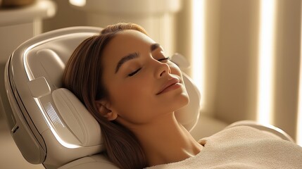 A woman relaxes during a facial treatment, her eyes closed as she enjoys the soothing experience. The peaceful spa environment promotes relaxation and rejuvenation

