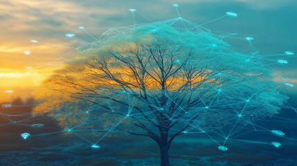 Technological Tree of Connections: A visionary image of a tree intertwined with digital network, where the natural and the technological converge in a symbol of growth and interconnectedness.