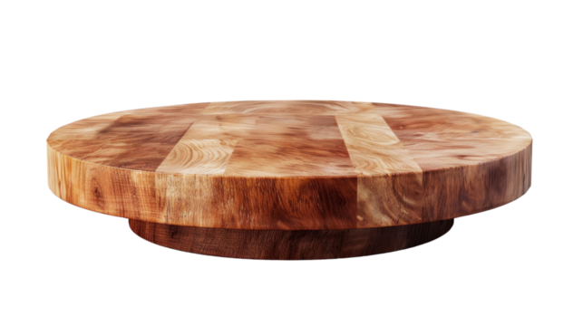 Round wooden chopping board rotating on transparent background