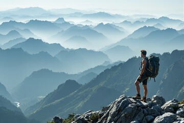 Adventurous hiker standing on rocky peak, overlooking misty mountain landscape.