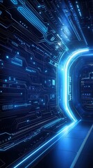 Futuristic Corridor with Neon Lights and Circuit Patterns