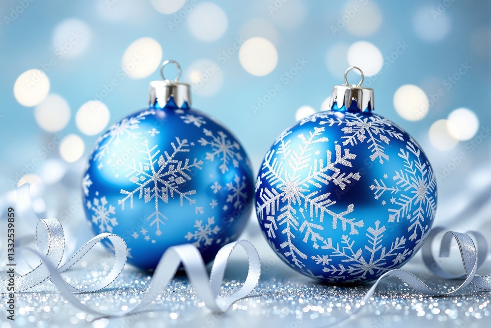 Poster Blue Christmas ornaments with snowflake patterns on sparkling background.