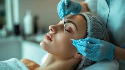Naklejka premium A woman receives a Botox injection for facial rejuvenation in a modern aesthetic clinic. The specialist uses a syringe to apply the treatment on her forehead