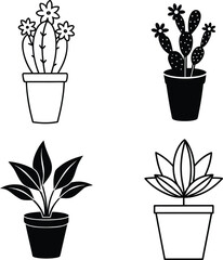 Potted Plants Cactus, Succulents, Houseplants, Simple Line Art Designs © Chaya
