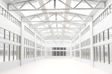 A spacious industrial hall with high ceilings, large windows, and a metal truss structure, filled with natural light and a modern minimalist design. 3d image