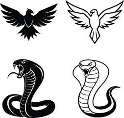 Majestic Eagles and Venomous Cobras Black and White Animal Icons