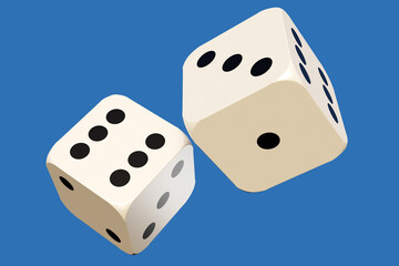 Two white dice with black dots are mid-air against a solid blue background, symbolizing luck, chance, and gambling 3d image