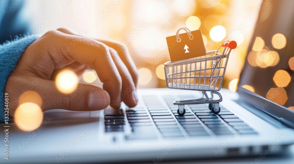Poster hand using laptop keyboard with shopping cart and icon overlay