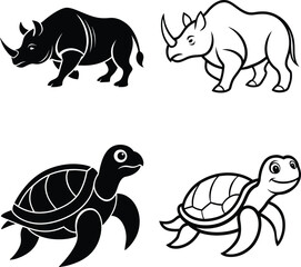 Rhinoceros and Turtle Silhouettes Black, White, Animal Icons