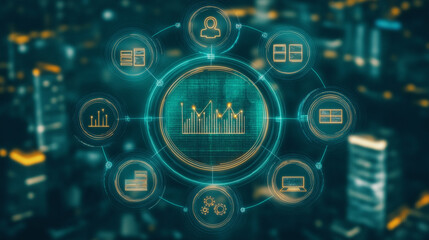 Digital data analysis and business strategy visualization with the city background and circular chart with many icons. 