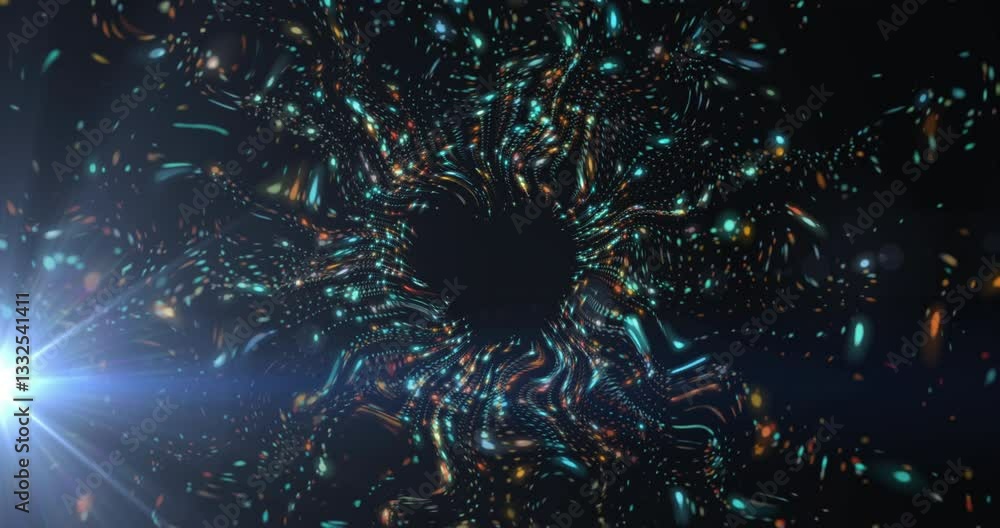 Poster animation of colorful light patterns forming vortex shape on dark background