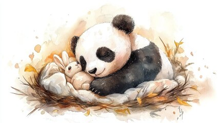 Watercolor drawing of a panda bear resting near a stuffed rabbit in a cozy nest.
