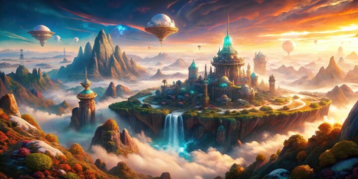 Surreal Crater Cityscape: Aerial View of Mountainous Fantasy Landscape