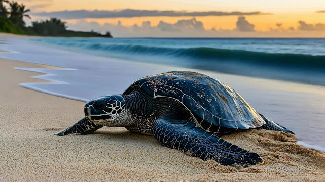 A black leatherback sea turtle is lying on the beach, ocean waves lapping behind it. V3