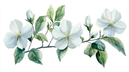 Delicate Watercolor Illustration of White Jasmine Flowers and Leaves on a Branch