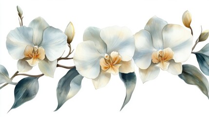 Obraz premium Elegant Hand-Drawn Watercolor Floral Composition Featuring Delicate White Flowers and Leaves