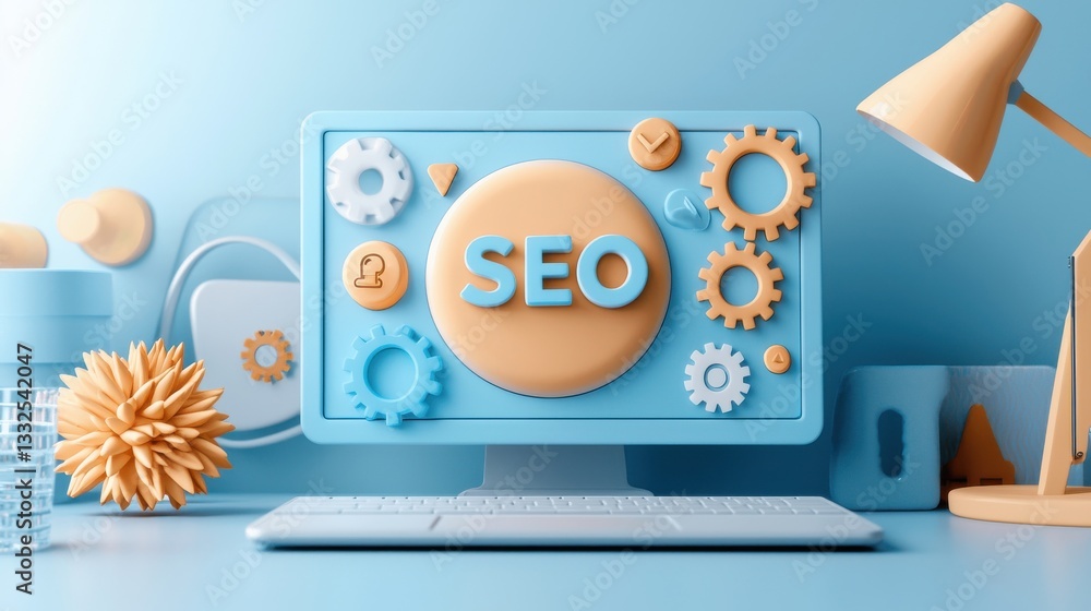 Poster creative 3d render of computer displaying seo concepts and tools