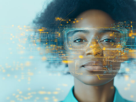 Vision of Tomorrow: A portrait of an African American woman wearing smart glasses, the lenses overlayed with futuristic digital circuits. She looks with the confidence of the future. 