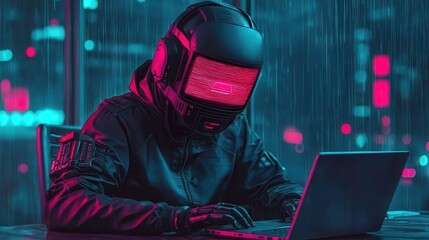 A futuristic figure with a glowing helmet works on a laptop in a neon-lit, rainy urban environment.