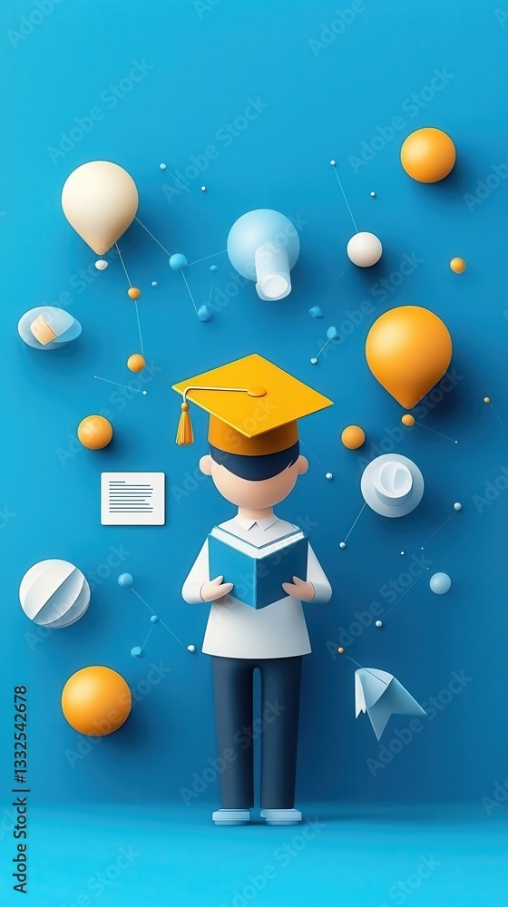 Poster 3d character reading book with graduation cap and colorful elements