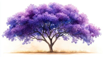 Hand-Drawn Watercolor Jacaranda Tree in Full Bloom with Vibrant Purple Flowers and Scenic Background