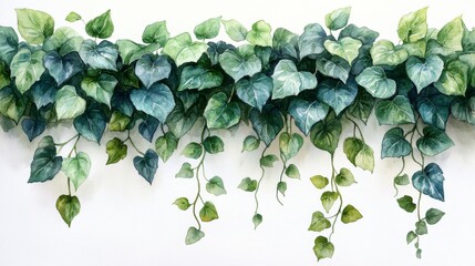 Hanging Ivy Leaves Watercolor Illustration in Shades of Green for Decorative Purposes