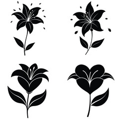 Set of black and white floral design elements with leaves, flowers, and vintage ornamental patterns in a decorative and natural style