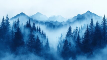 Obraz premium Tranquil Watercolor Landscape of a Foggy Blue Forest with Mountain Fades in the Background