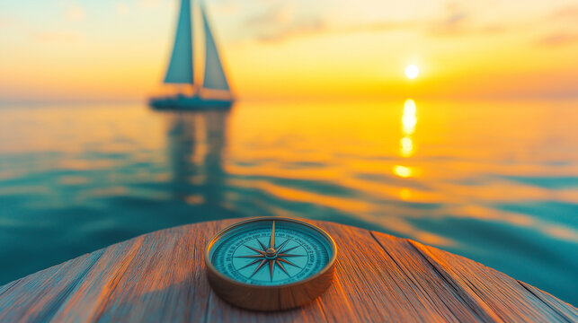 Seafaring Dreams: A vintage compass sits on a weathered wooden surface, guiding the way towards a distant sailboat gracefully sailing on the calm ocean, under a vibrant sunset sky.