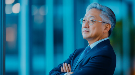 A young businessman confidently standing in front of his office and team in the city