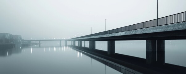 Foggy bridge reflection on still water surface.