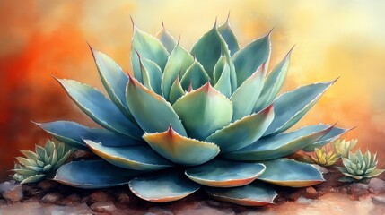 Obraz premium Watercolor Hand-Drawn Agave Plant with Colorful Green Leaves Against a Soft Background