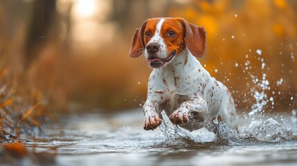 A playful dog splashes through the water while surrounded by beautiful autumn foliage, showcasing excitement and energy