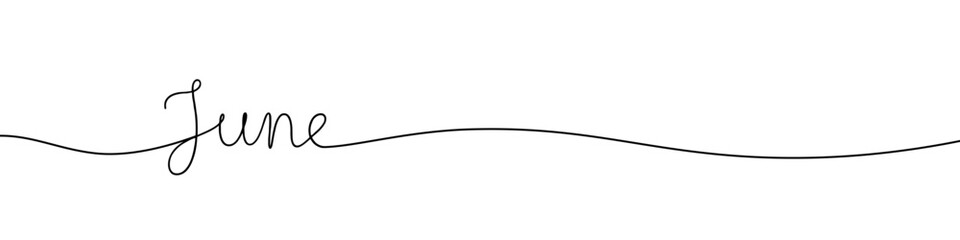 June month continuous one line drawing with word. Minimalistic drawing of phrase illustration.