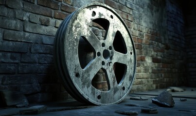 Obraz premium Old film reel against brick wall, debris on floor, for vintage cinema projects