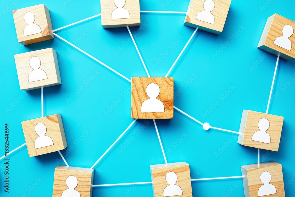 Poster wooden blocks with human icons connected by white lines on blue background. concept of networking, c