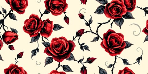 Gothic Watercolor Seamless Pattern with Dark Red Roses, Black Thorns, and Gray Vines on Parchment Background