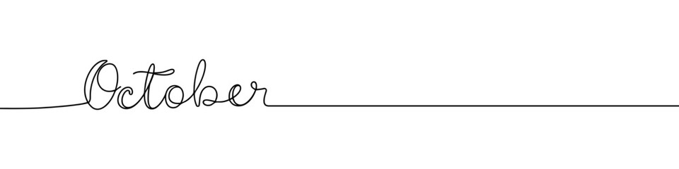 October month continuous one line drawing with word. Minimalistic drawing of phrase illustration.