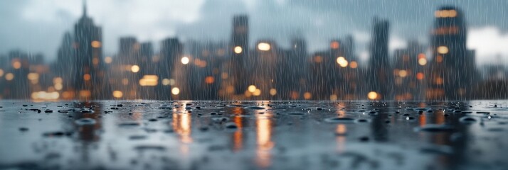 digital rain banner, a modern web banner featuring a hyper-realistic d model depicting heavy rain over a futuristic cityscape, complete with water droplets and mist