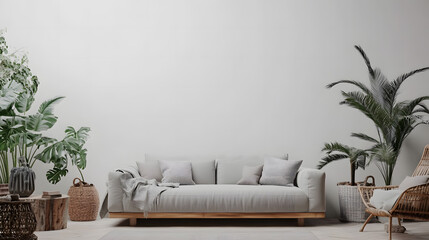 Minimalist Living Room Interior with Grey Sofa, Plants, and Rattan Chair