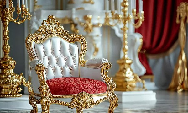 Luxurious golden baroque armchair with red upholstery in palace interior
