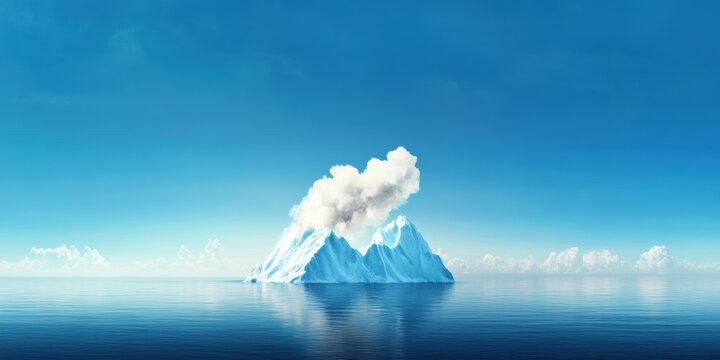 artistic iceberg illustration, a sleek contemporary design citing ample space for text, capturing a smoldering iceberg struck at sea with soft sunlight