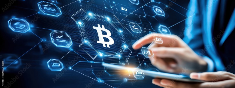 Poster digital currency concept with bitcoin icon and technology graphics