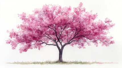 Fototapeta premium Watercolor Hand-Drawn Cherry Blossom Tree in Bloom Against a Soft White Background
