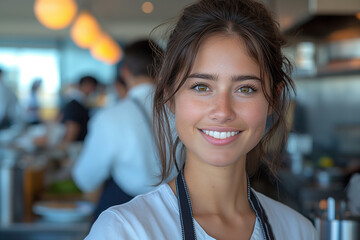 A woman with brown hair and a white shirt is smiling