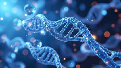 Abstract representation of a molecular structure and DNA strands in vibrant blue tones, showcasing intricate patterns and glowing effects for scientific backgrounds