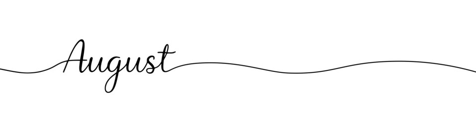 August month continuous one line drawing with word. Minimalistic drawing of phrase illustration.