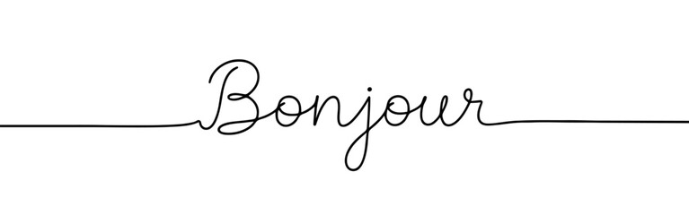 Bonjour greeting continuous one line drawing with word. Minimalistic drawing of phrase illustration. © drawing lines
