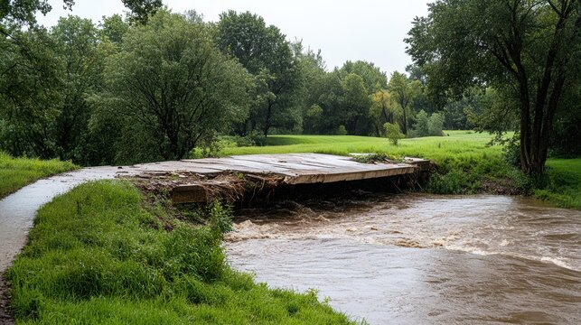 infrastructure damage, bridge over swollen river collapses due to unprecedented storm surges and heavy precipitation, demonstrating infrastructure damage