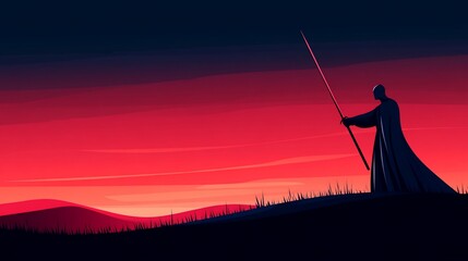 Silhouette of a figure with a spear against a vibrant sunset.